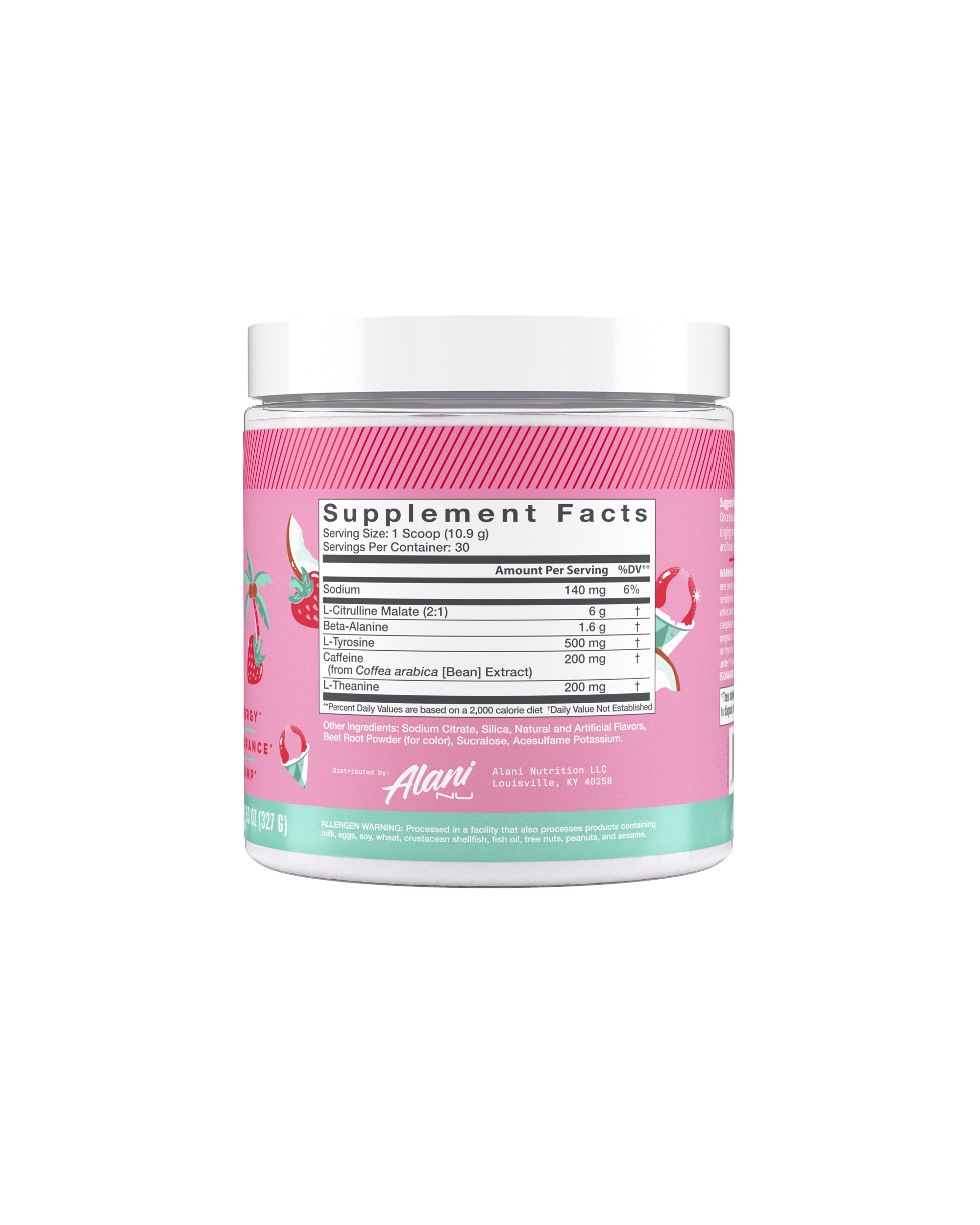 A back view of Pre-workout in Hawaiian Shaved Ice flavor highlighting supplement facts.