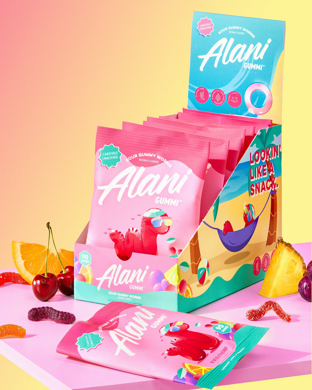 A cartoon of Sour Gummy Worms flavor snacks sitting on top of a table.