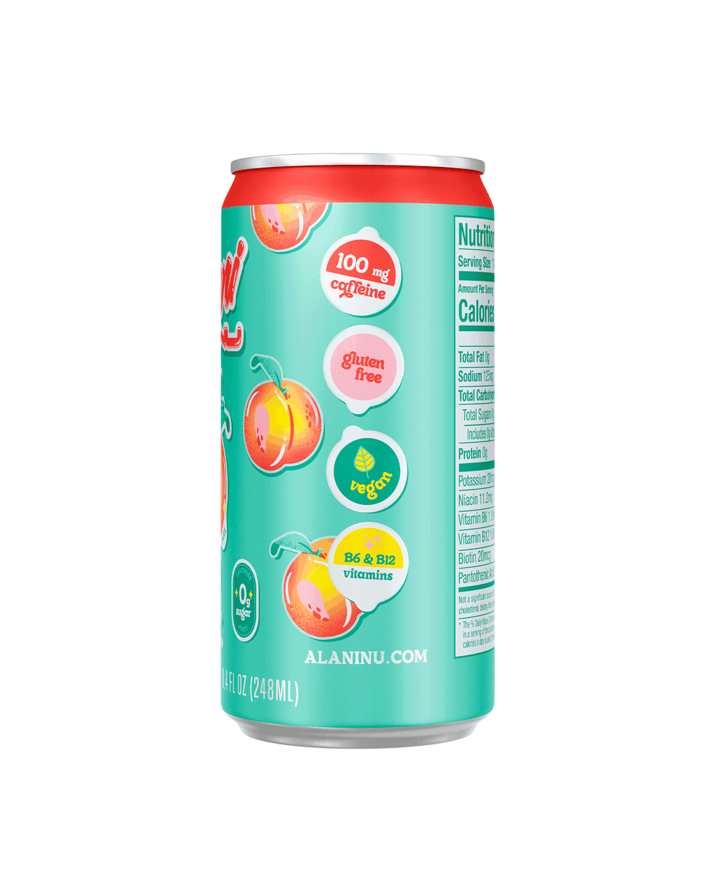 A side view of Mini Energy in Juicy Peach flavor showcasing caffeine details, gluten free, vegan and biotin details.