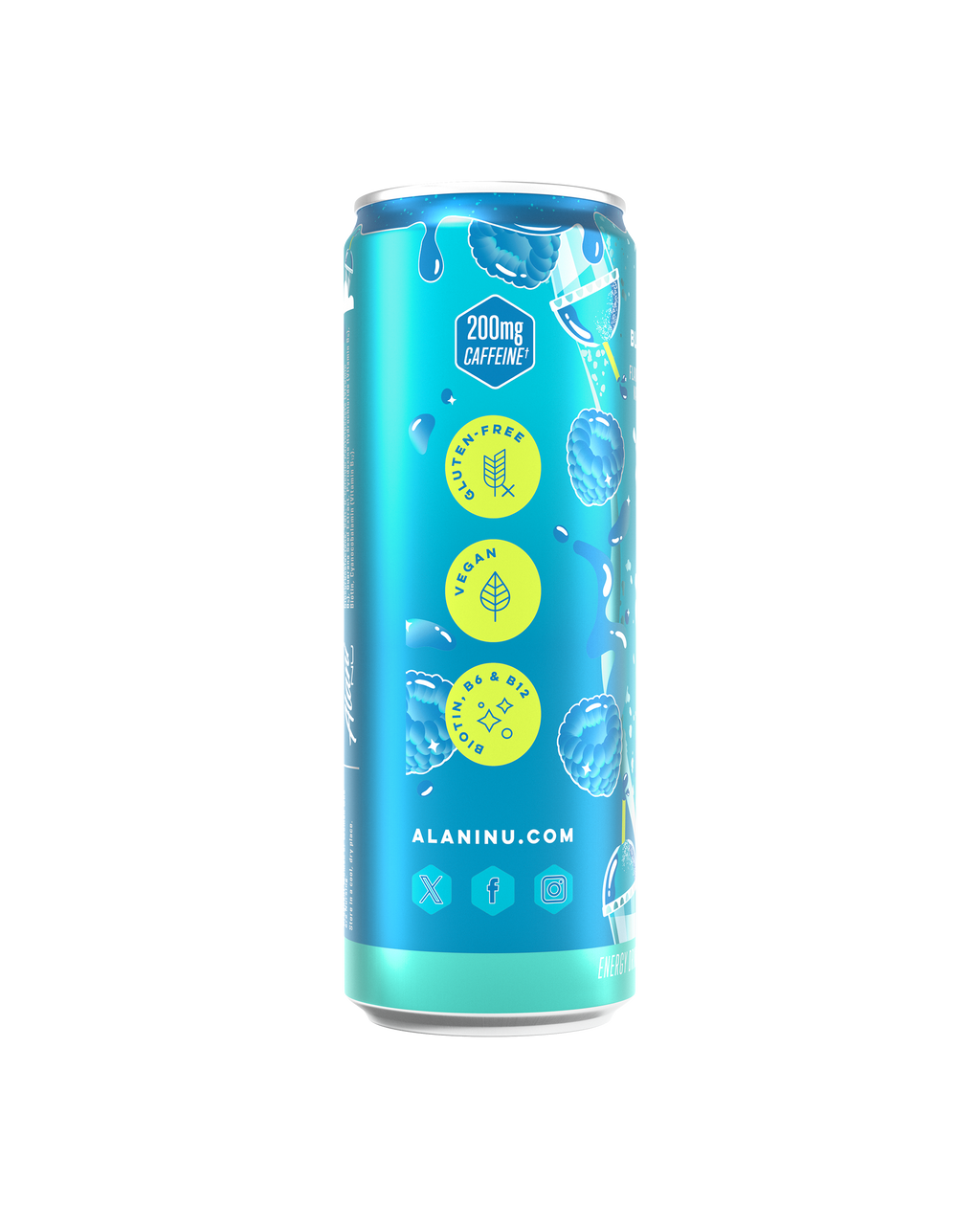 The side view of a Blue Slush Energy Drink, gluten-free, vegan, and made with B vitamins and 200mg of caffeine.