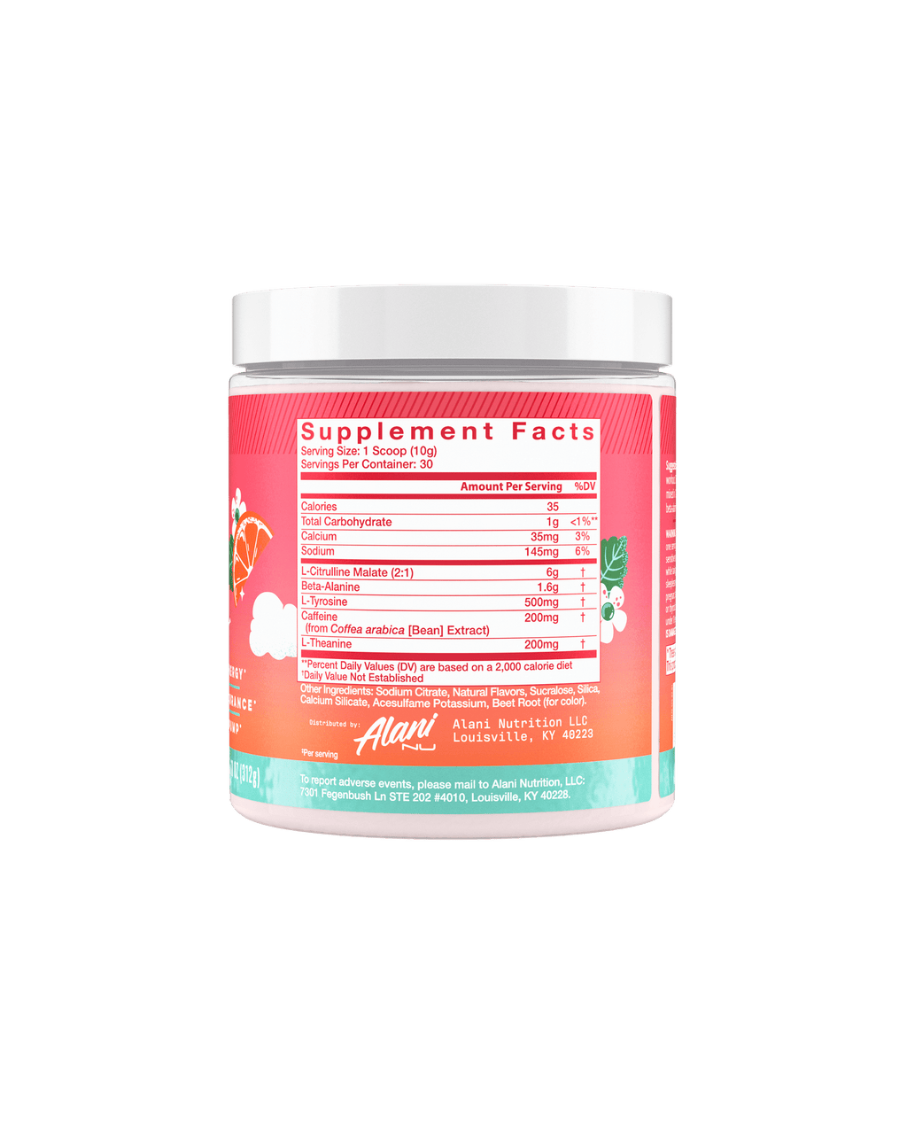 The back view of a 35-calorie Strawberry Sunrise Pre-Workout tub, highlighting nutrition facts and ingredients.