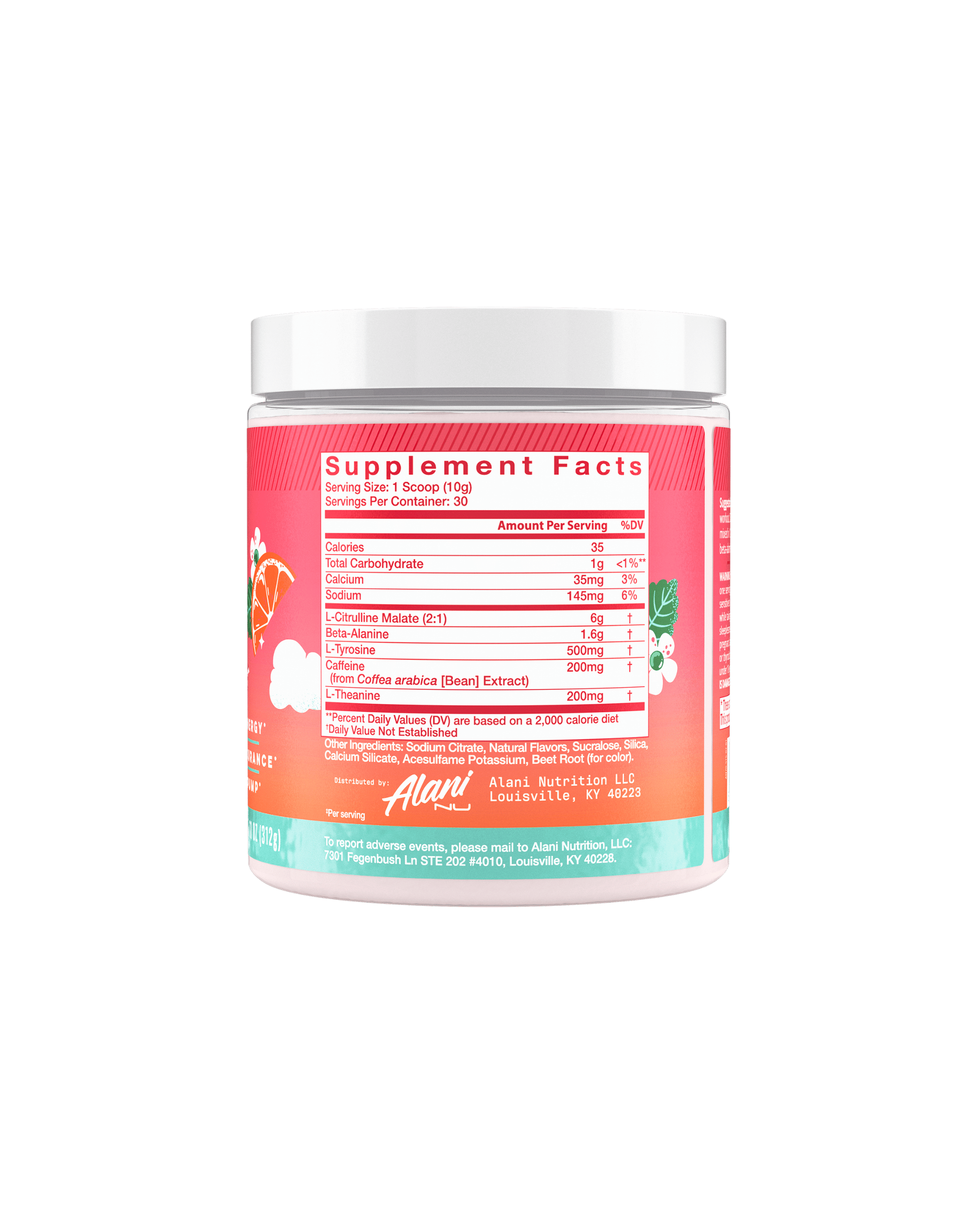 The back view of a 35-calorie Strawberry Sunrise Pre-Workout tub, highlighting nutrition facts and ingredients.