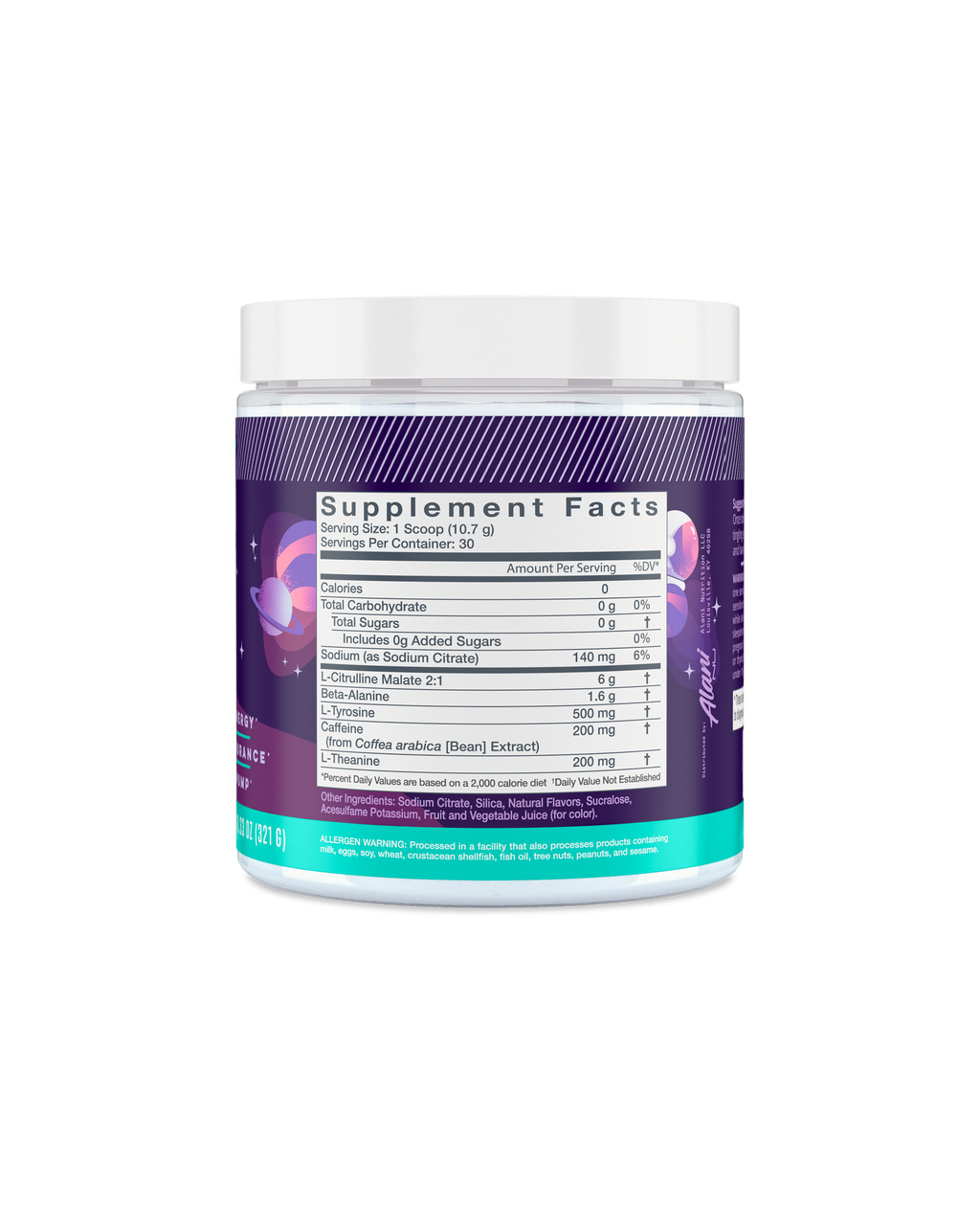 A back view of Pre-workout in Cosmic Stardust flavor highlighting supplemet facts.
