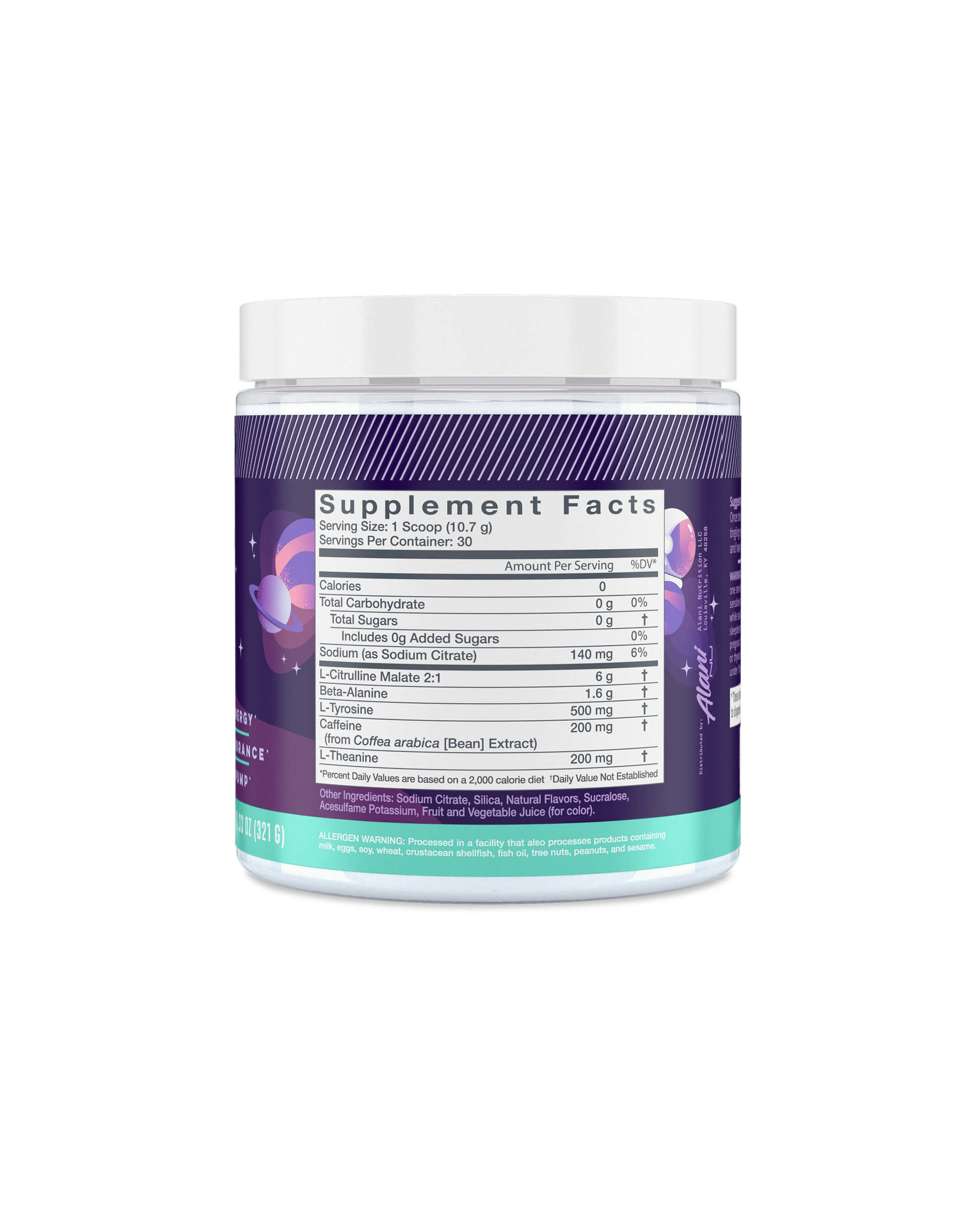 A back view of Pre-workout in Cosmic Stardust flavor highlighting supplemet facts.