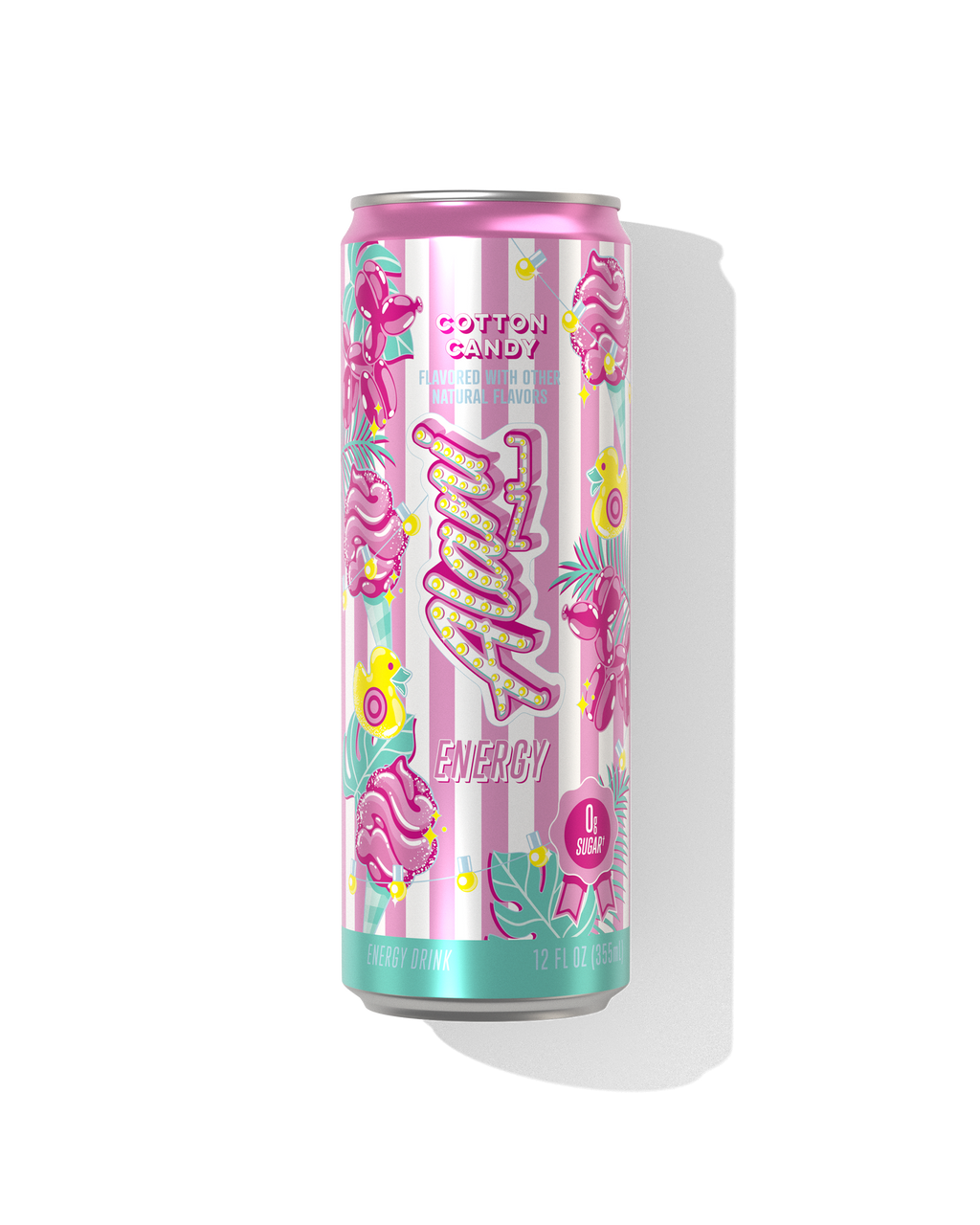 The front view of a sugar-free 12oz can of Cotton Candy Alani Nu Energy, flavored with other natural flavors.